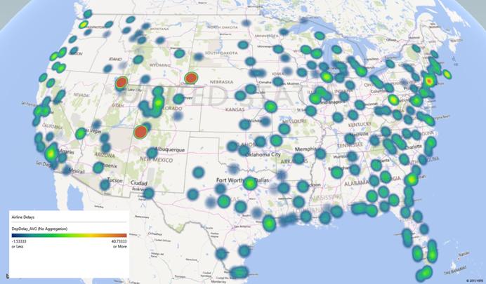 Flight delay times by airport, visualized with Power Map for Excel