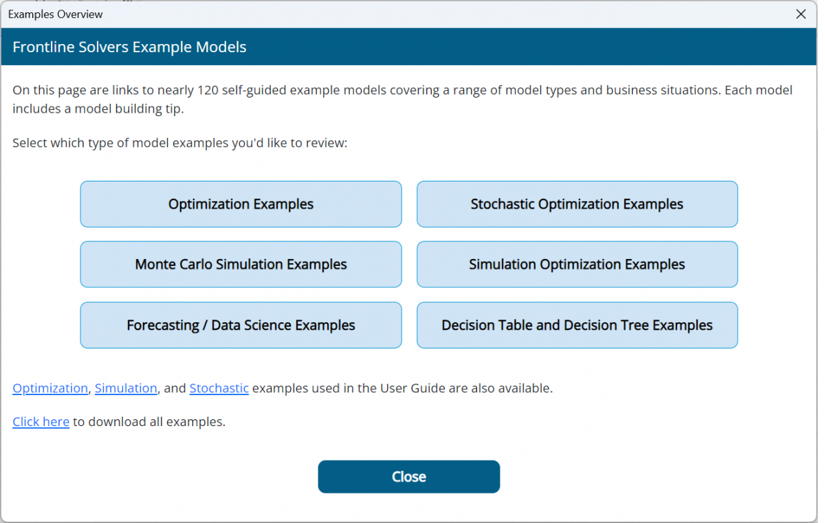 Frontline Solvers Example Models dialog