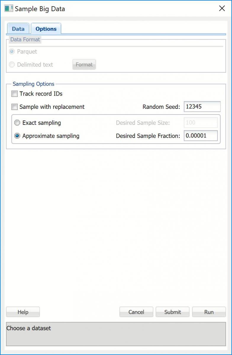 Analytic Solver Data Mining: Sample Big Data Dialog, Options tab