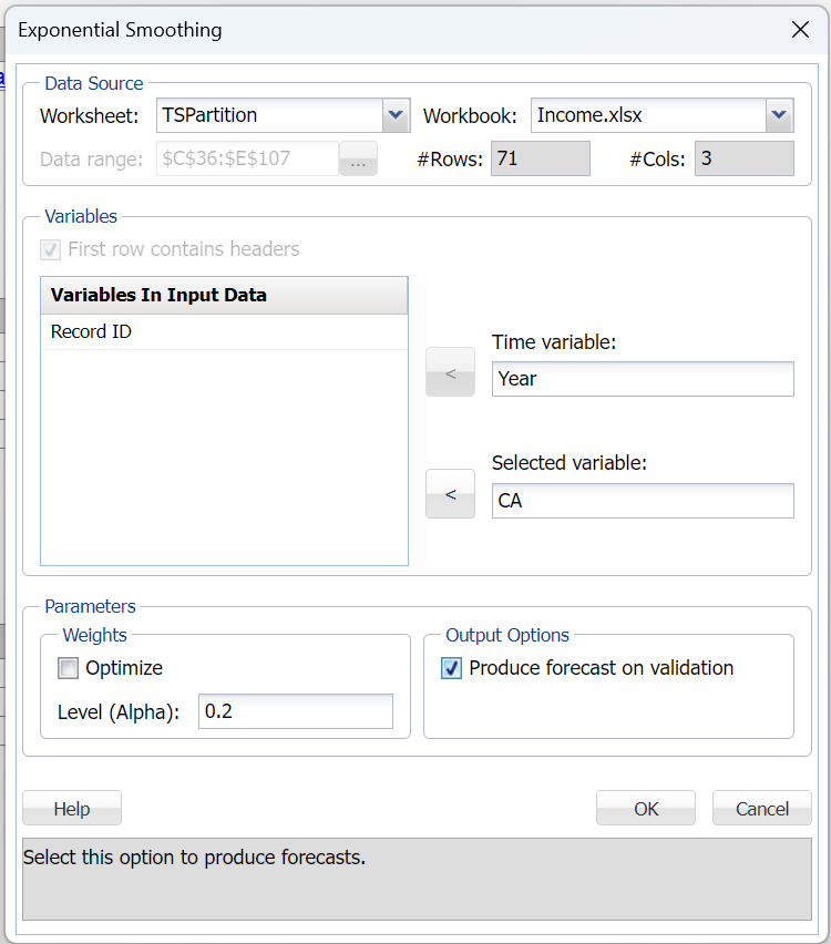 Exponential Smoothing dialog Income example