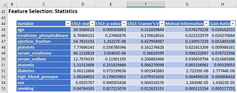 Figure 5:  Feature Selection:  Statistics Table