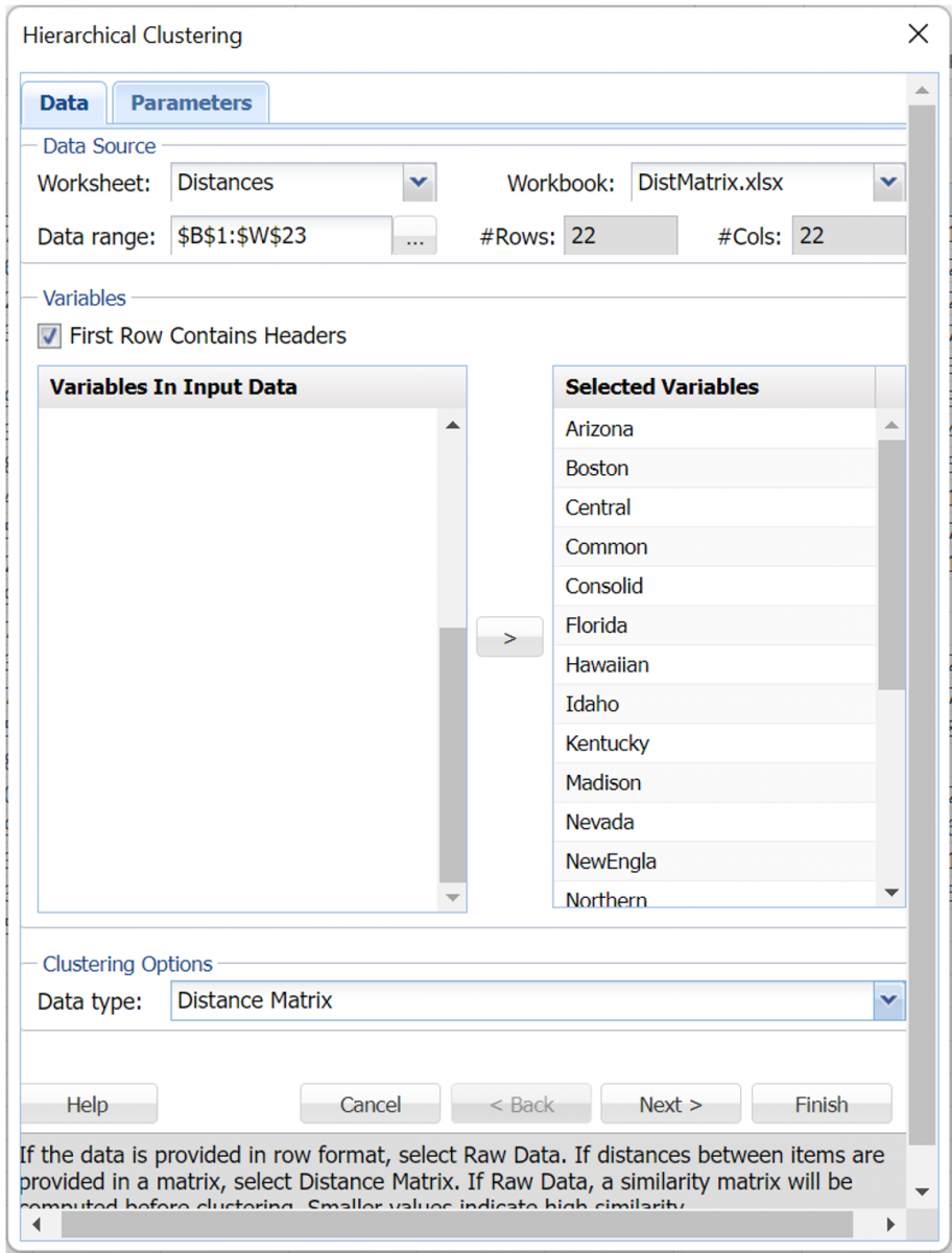 Hierarchical Clustering, Data tab - Distance Matrix Example