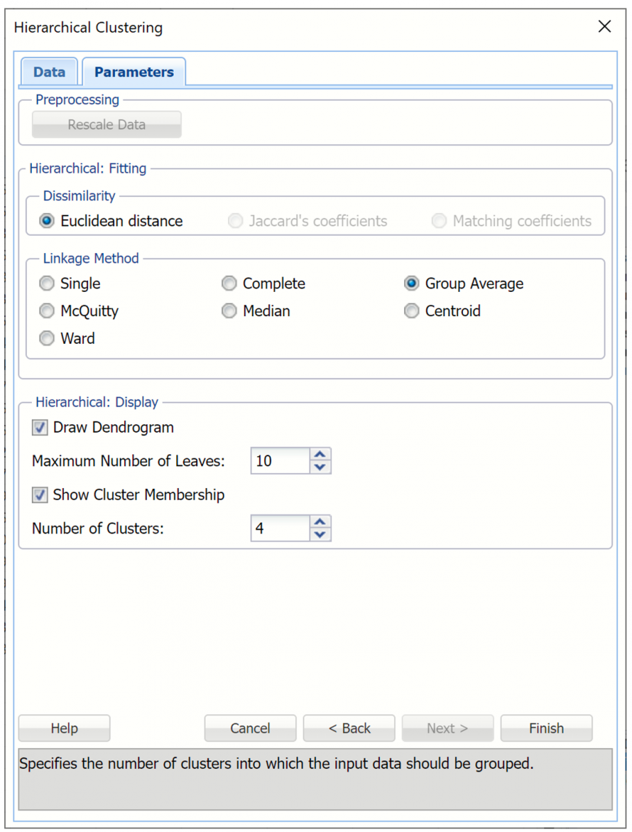 Hierarchical Clustering, Parameters tab - Distance Matrix Example