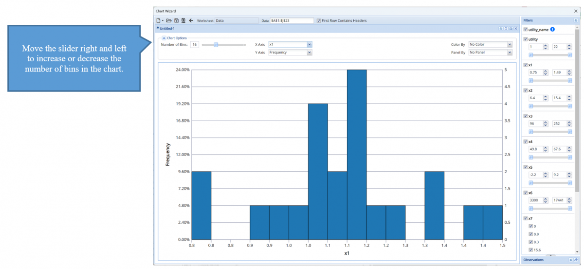 Move slider to right and left to change the number of bins in chart.