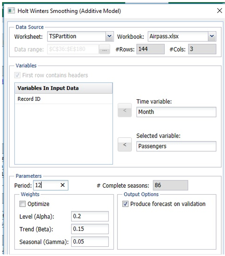 Holt Winters Smoothing (Additive Model) Dialog