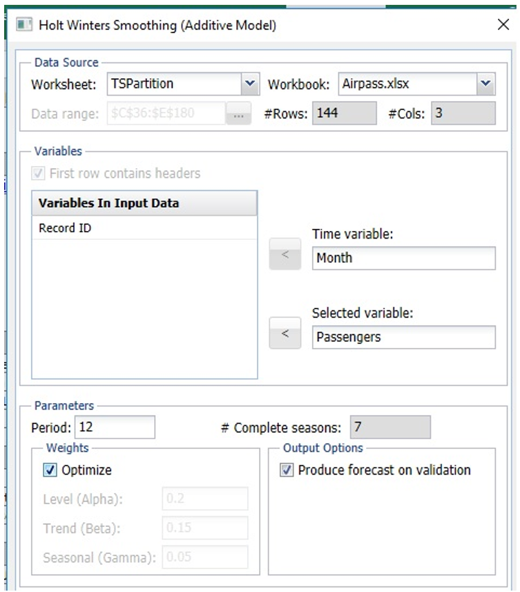 Holt Winters Smoothing (Additive Model) Dialog with Optimize parameter selected