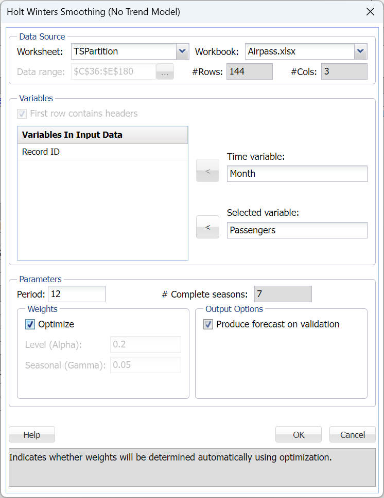 Holt Winters Smoothing (No Trend Model) with Optimize parameter selected