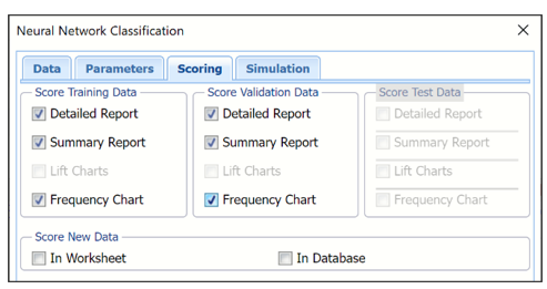 Neural Network Classification dialog, Scoring tab