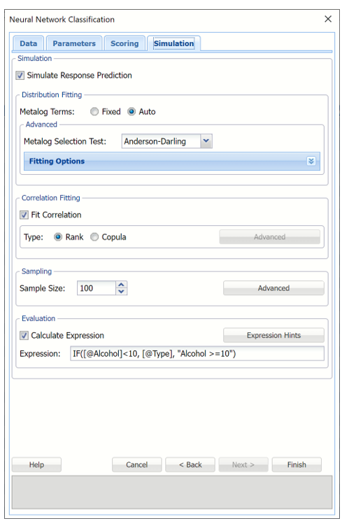 Neural Network Classification dialog, Simulation tab