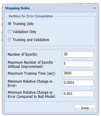 Neural Networks Stopping Rules dialog