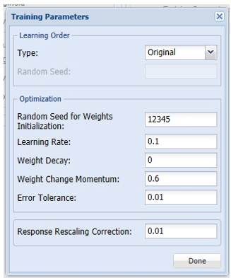 Neural Network Training Parameters dialog