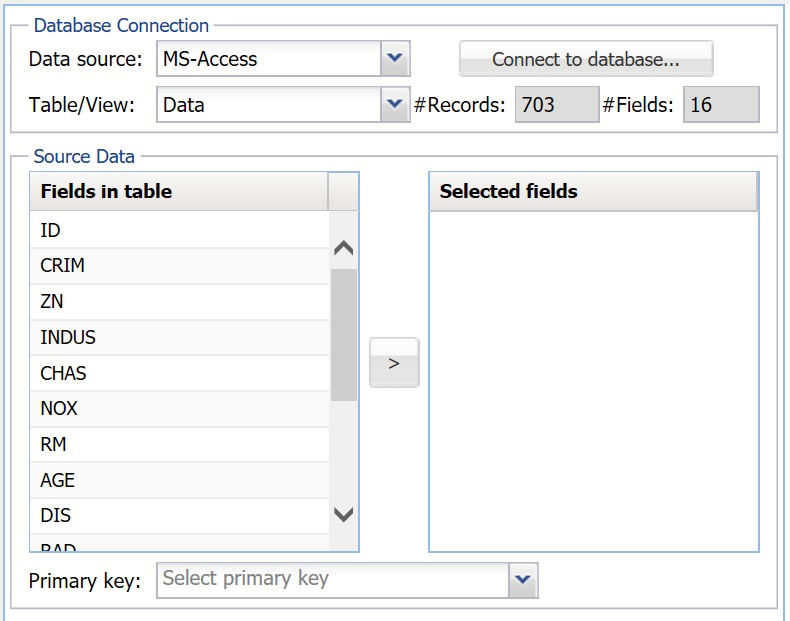 Fields in Data on Sample from Database dialog