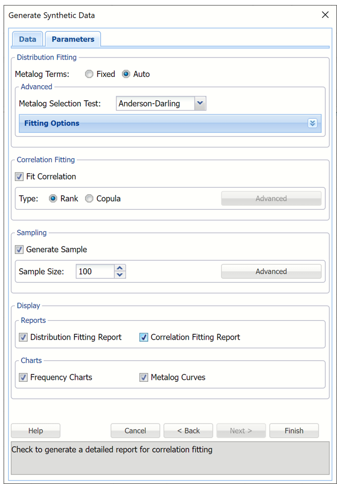 Generate Synthetic Data Dialog, Options Tab